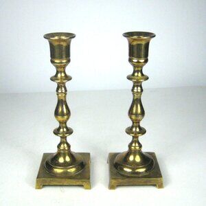 Vintage Brass Candlestick Holders Set of 2 Made in India Square Footed Base